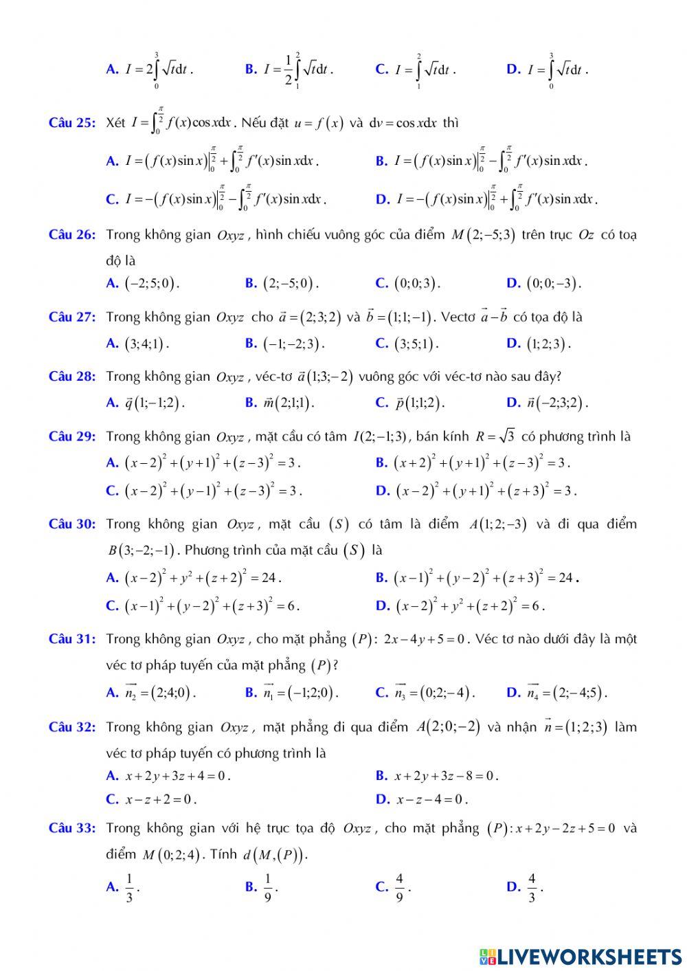 Toán 12 - Kiểm tra GK2 - Đề Final số 22
