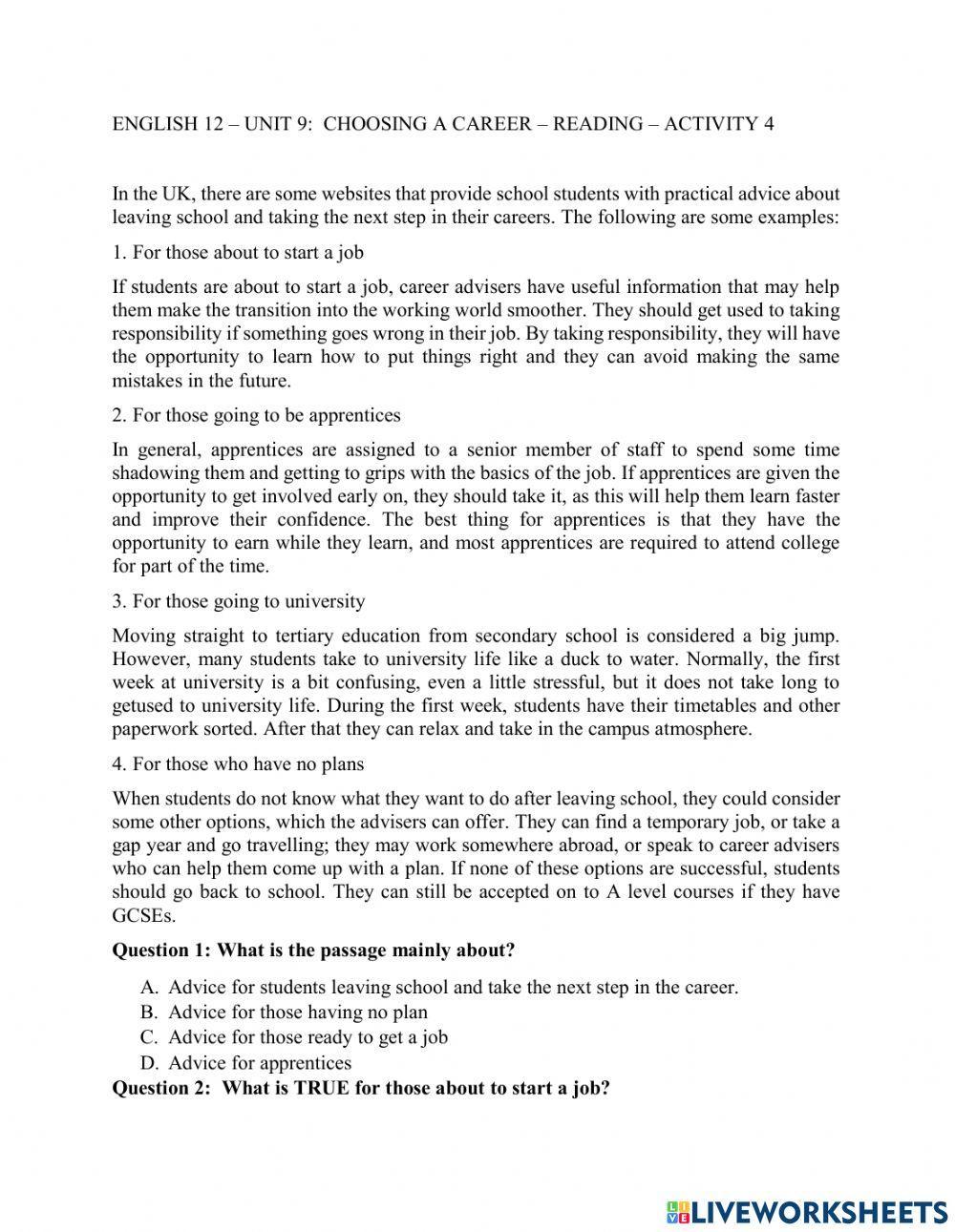 Reading choosing a career