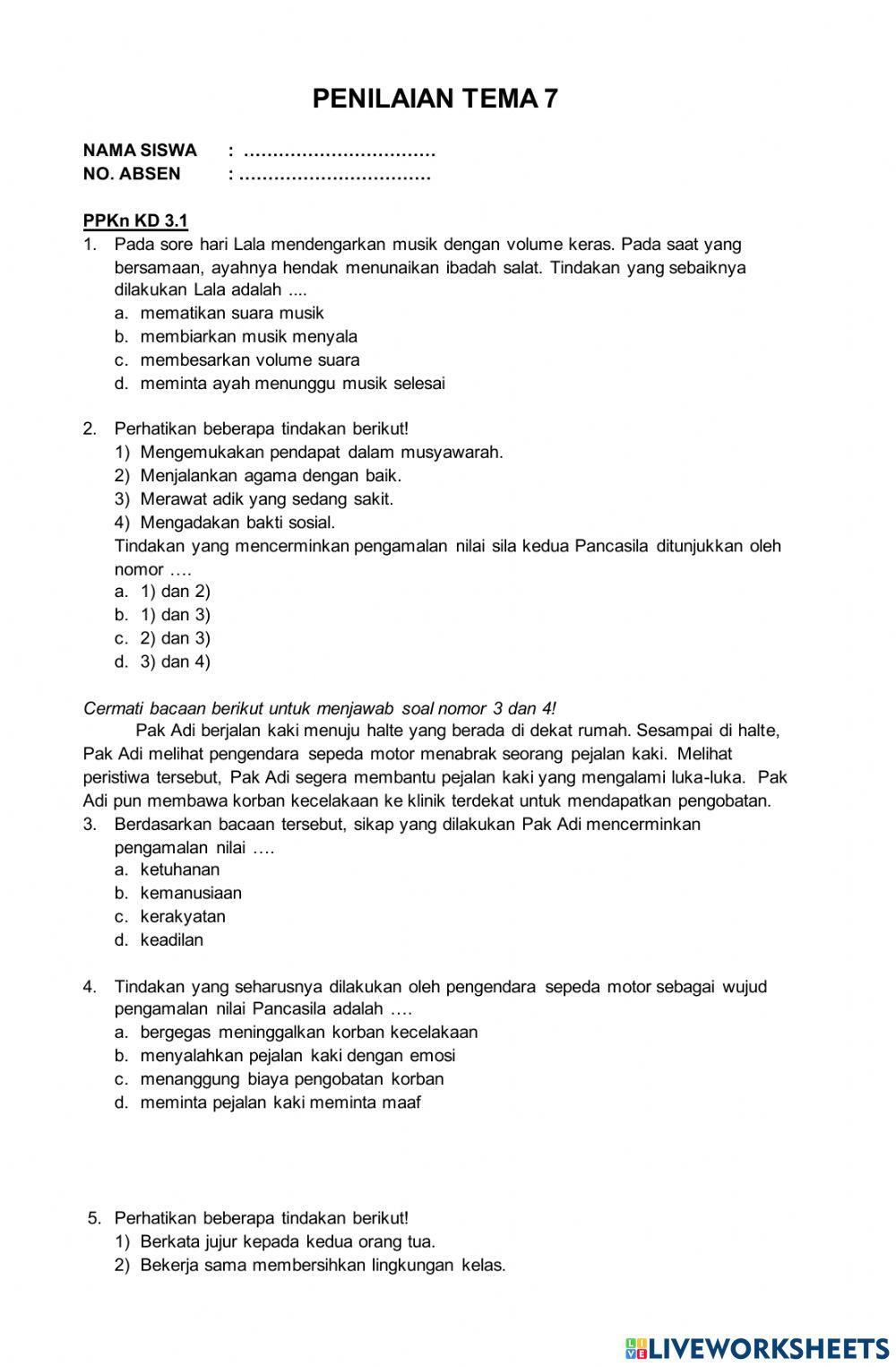 Penilaian harian tema 7 kelas 6