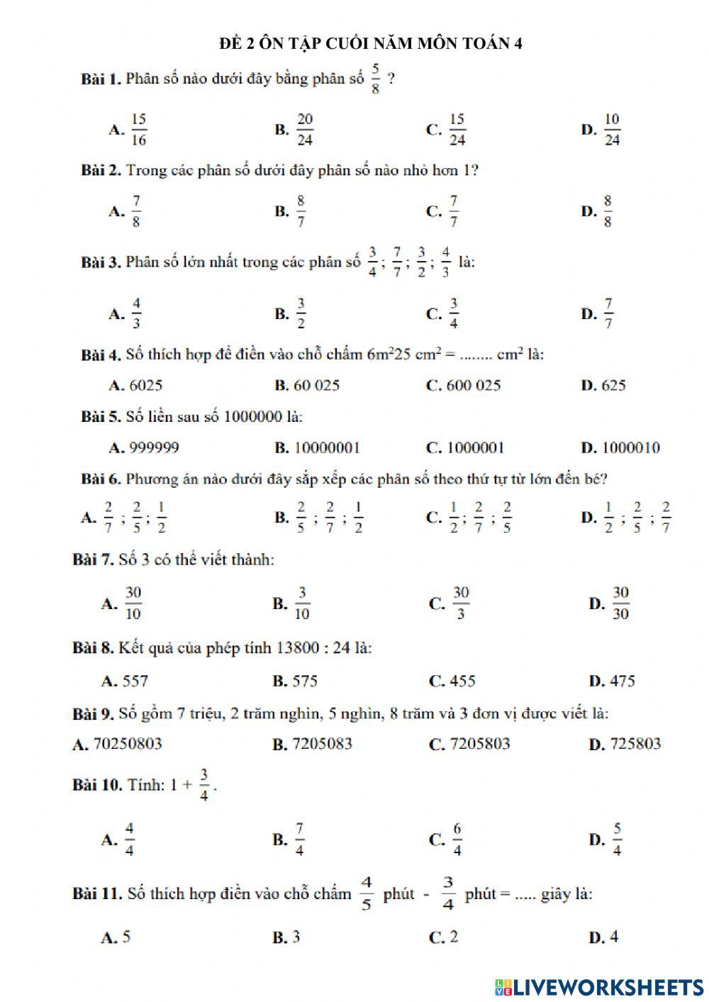 Đề 2 Ôn tập cuối năm Toán 4