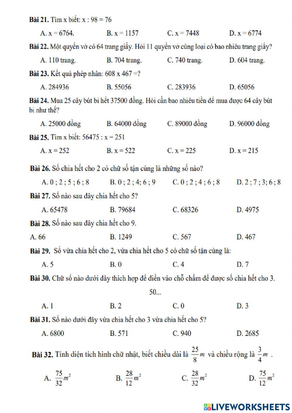 Đề 2 Ôn tập cuối năm Toán 4