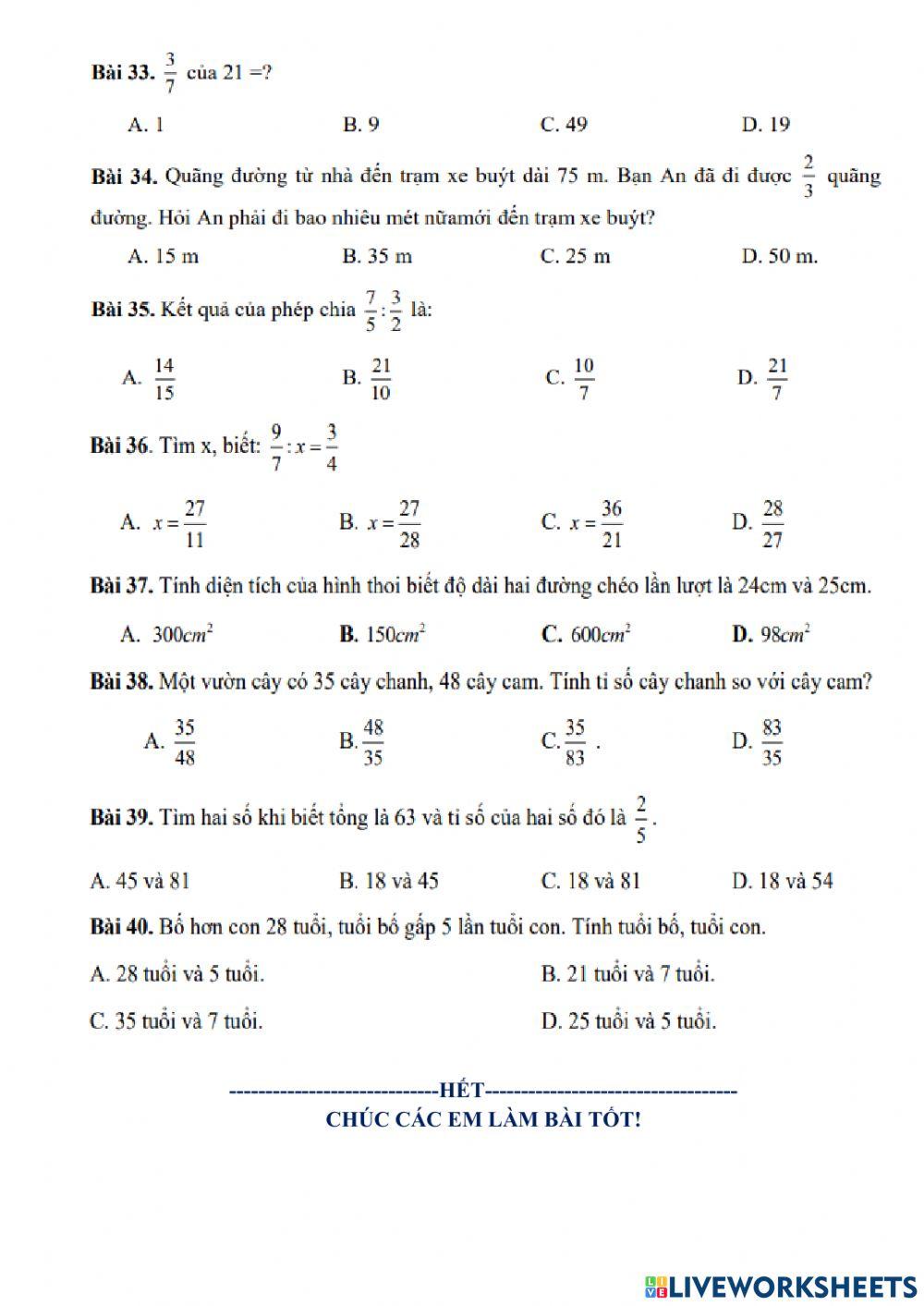 Đề 2 Ôn tập cuối năm Toán 4
