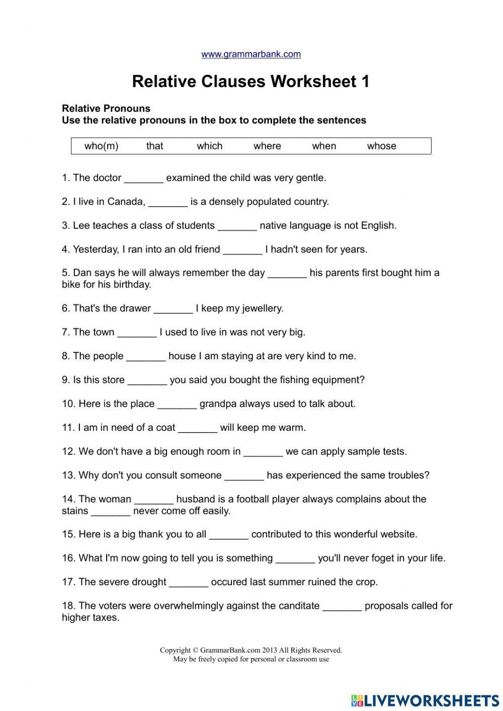 Relative Clause online pdf worksheet Live Worksheets