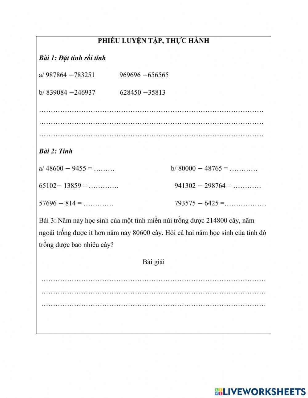 Phiếu bài tập Phép trừ