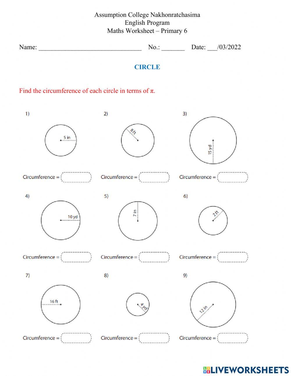 Primary 6 circle worksheet | archna | Live Worksheets