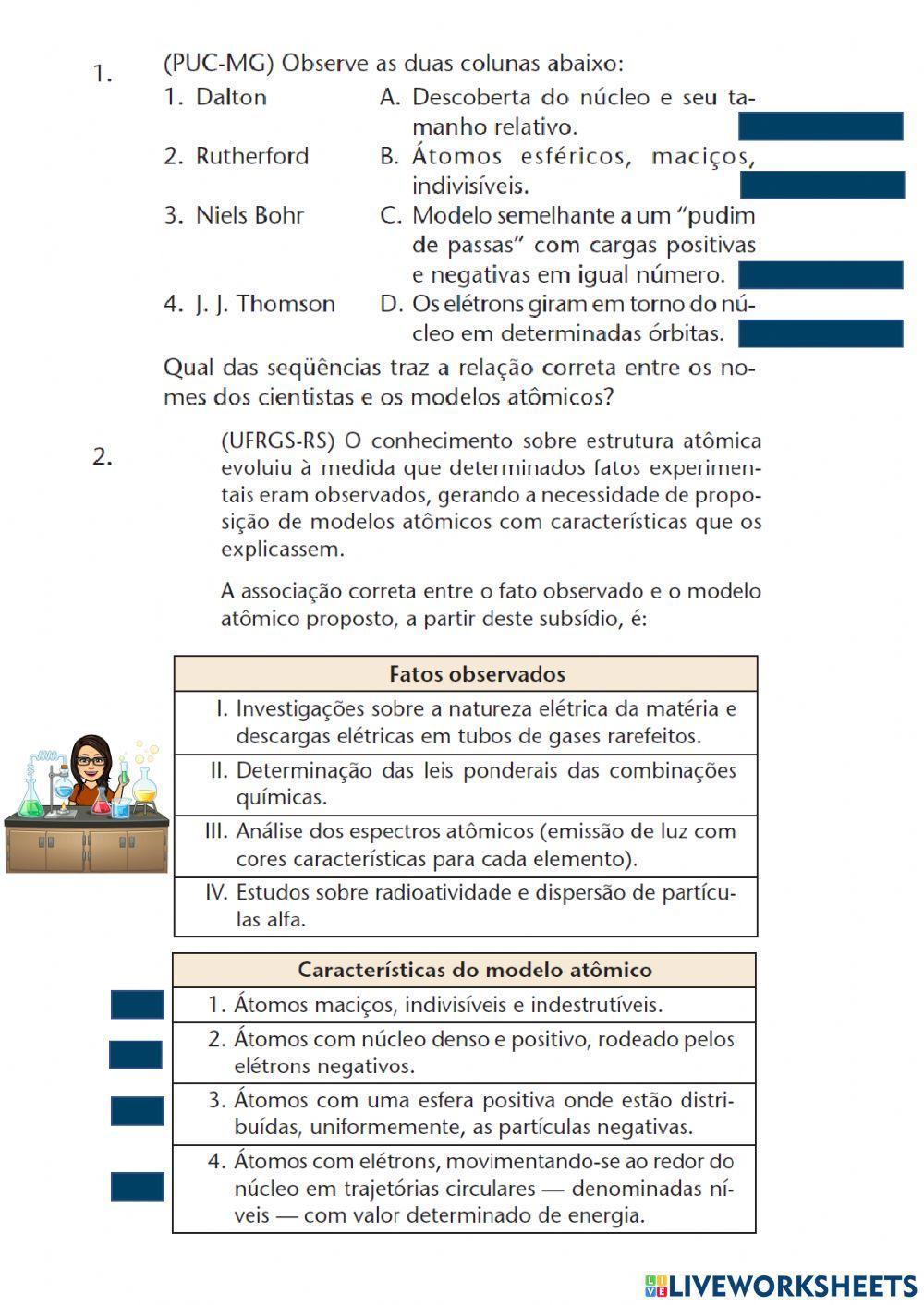 A linha do tempo dos modelos atômicos Rutherford e Bohr.