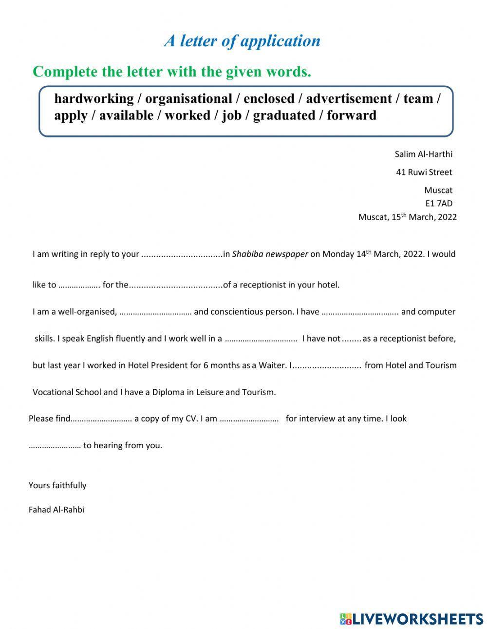 A letter of Application