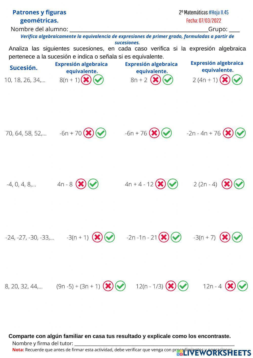 Expresiones algebraicas equivalentes a partir de sucesones.