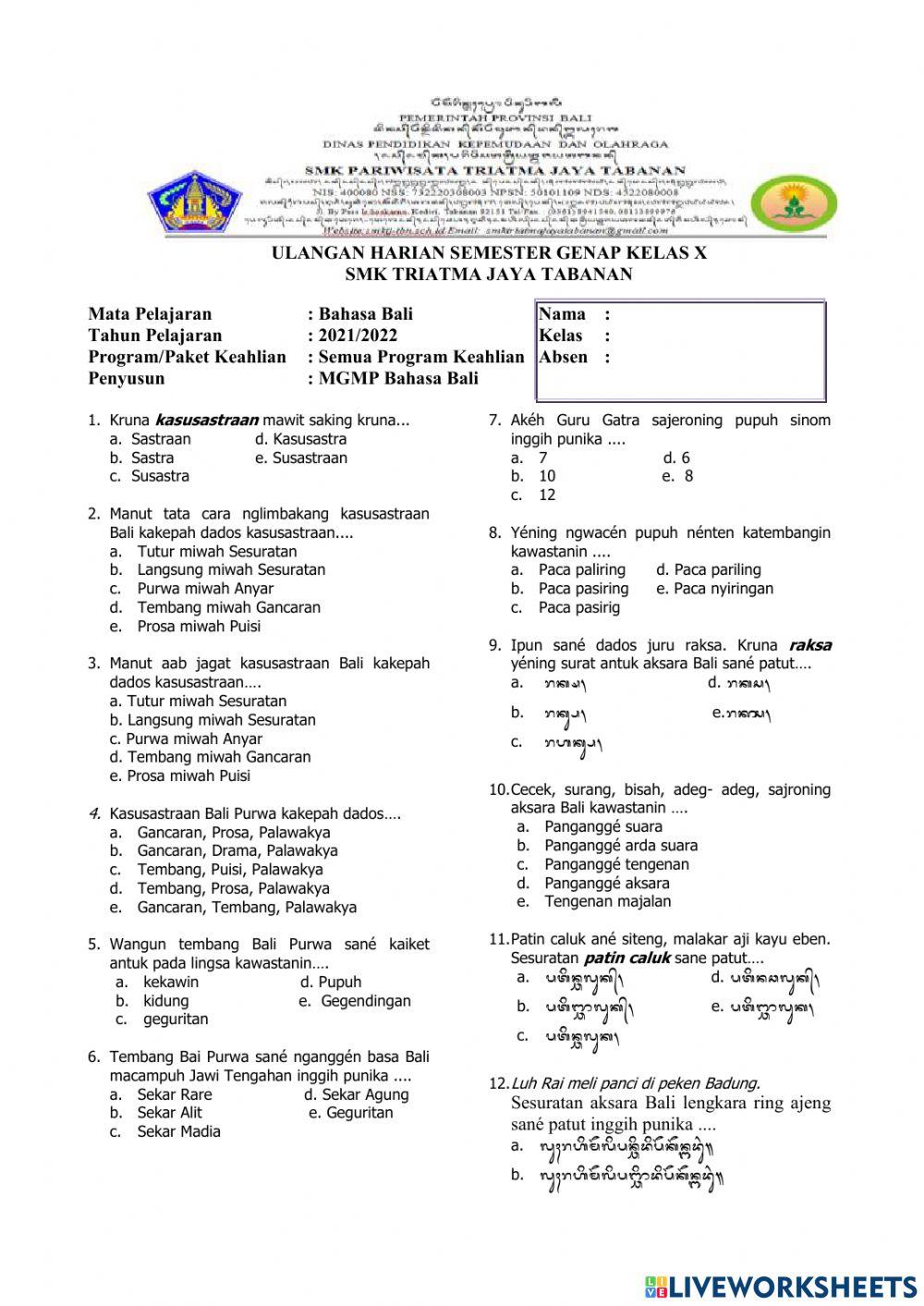 Ulangan Harian Bahasa Bali Semester Genap
