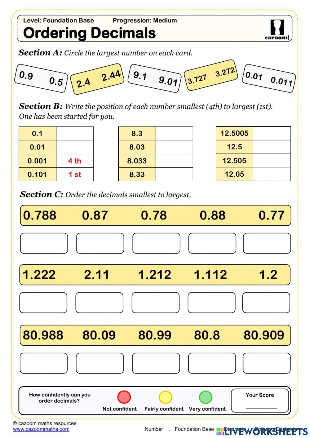 Ordering decimal online exercise for | Live Worksheets
