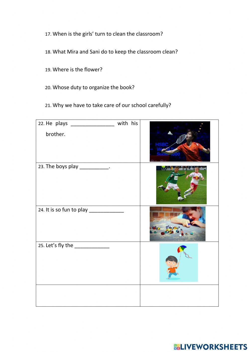 Middle test- Clean the school and Kids game sport