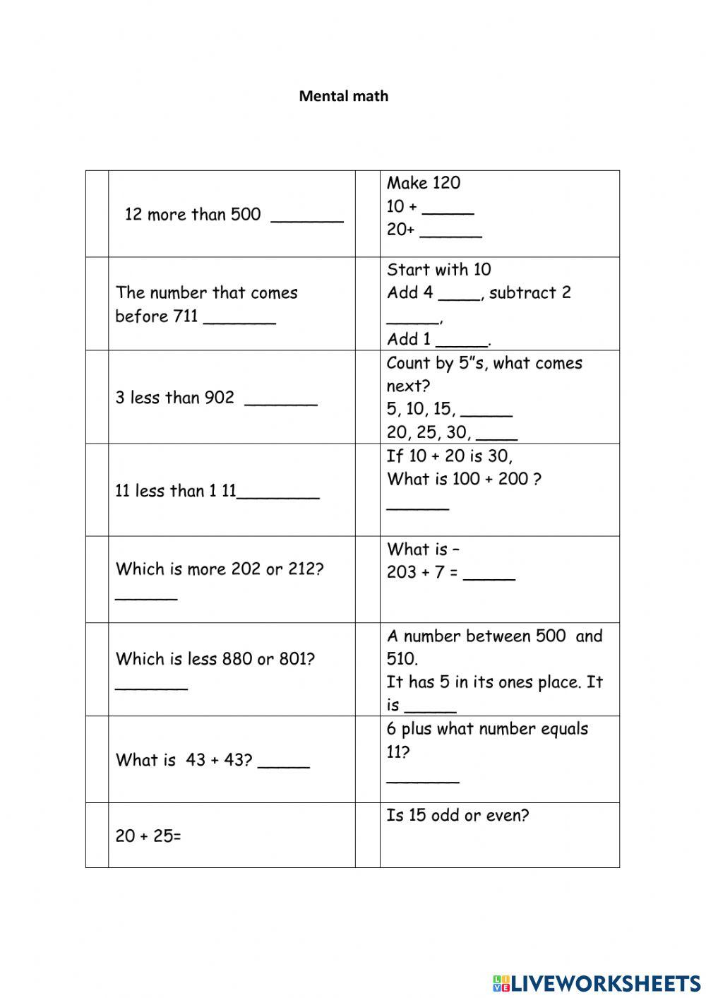 1923308 | Mental math | Aparajita | LiveWorksheets