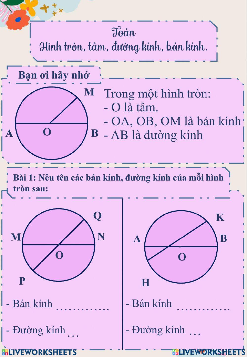Hình tròn, tâm, đường kính, bán kính