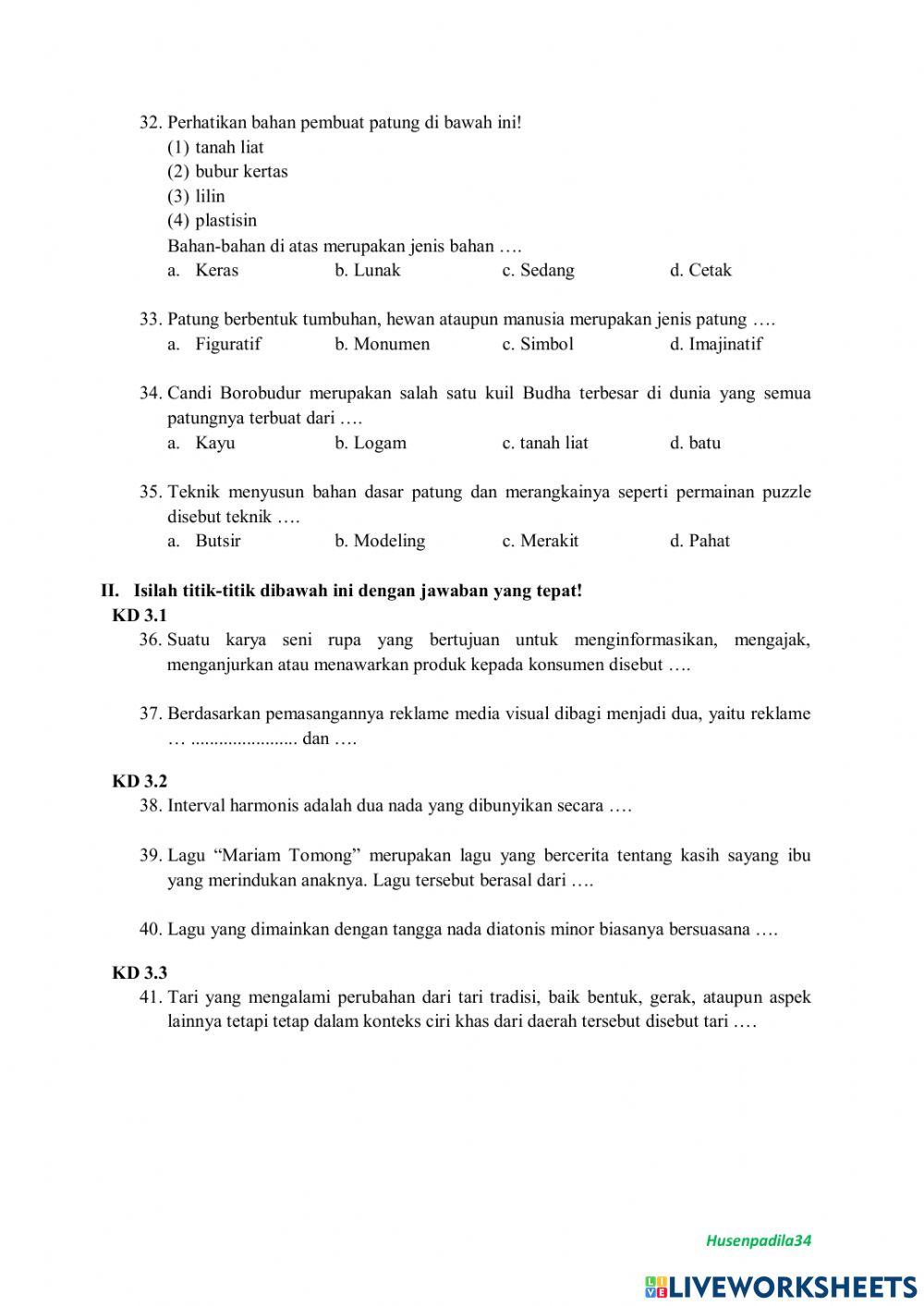 Soal PTS SBDP Kelas 6 Semester 2