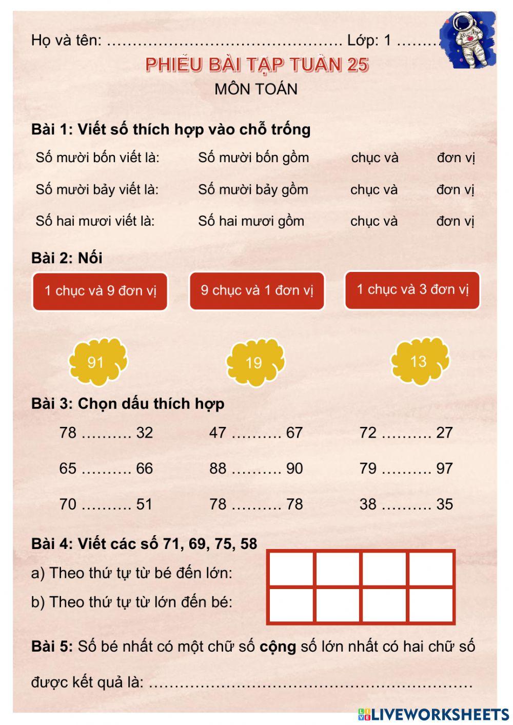 Phiếu bài tập Toán tuần 25