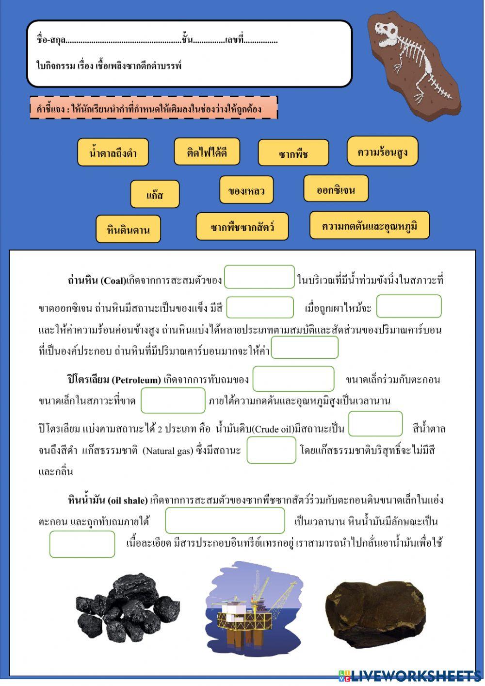 ใบกิจกรรม เรื่องเชื้อเพลิงซากดึกดำบรรพ์