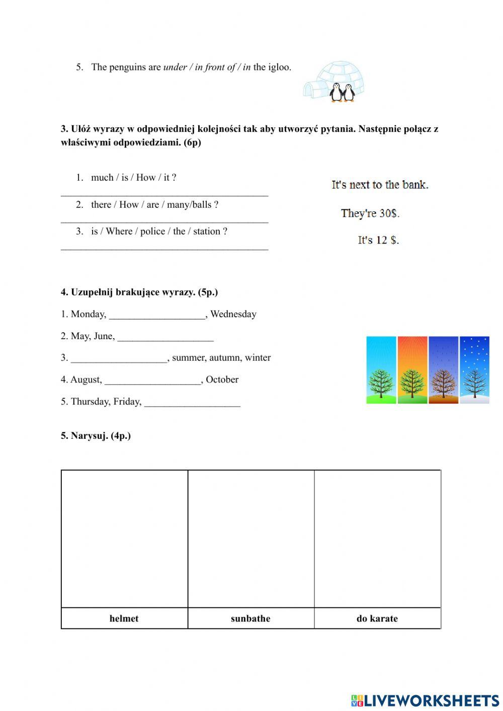 Present S & C and prepositions of place test