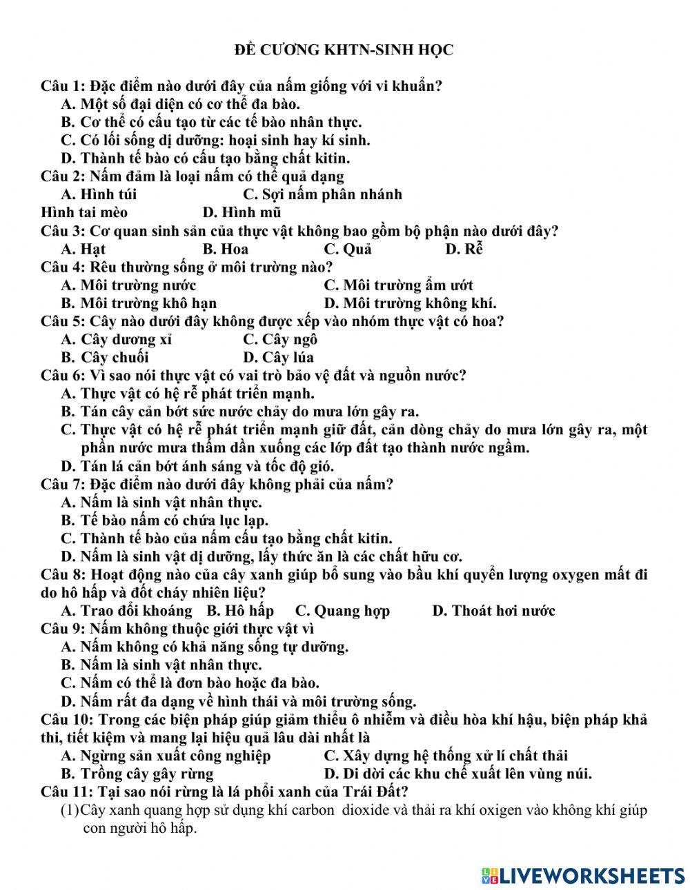 Ôn tập giữa kì 2 khtn6