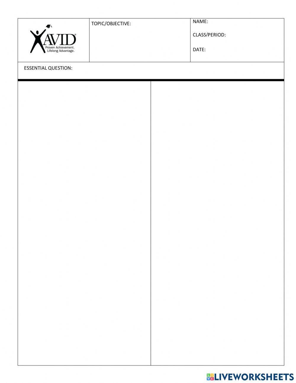 Avid 2 Column Notes online exercise for Live Worksheets Avid 2 Column Notes online exercise for Live Worksheets