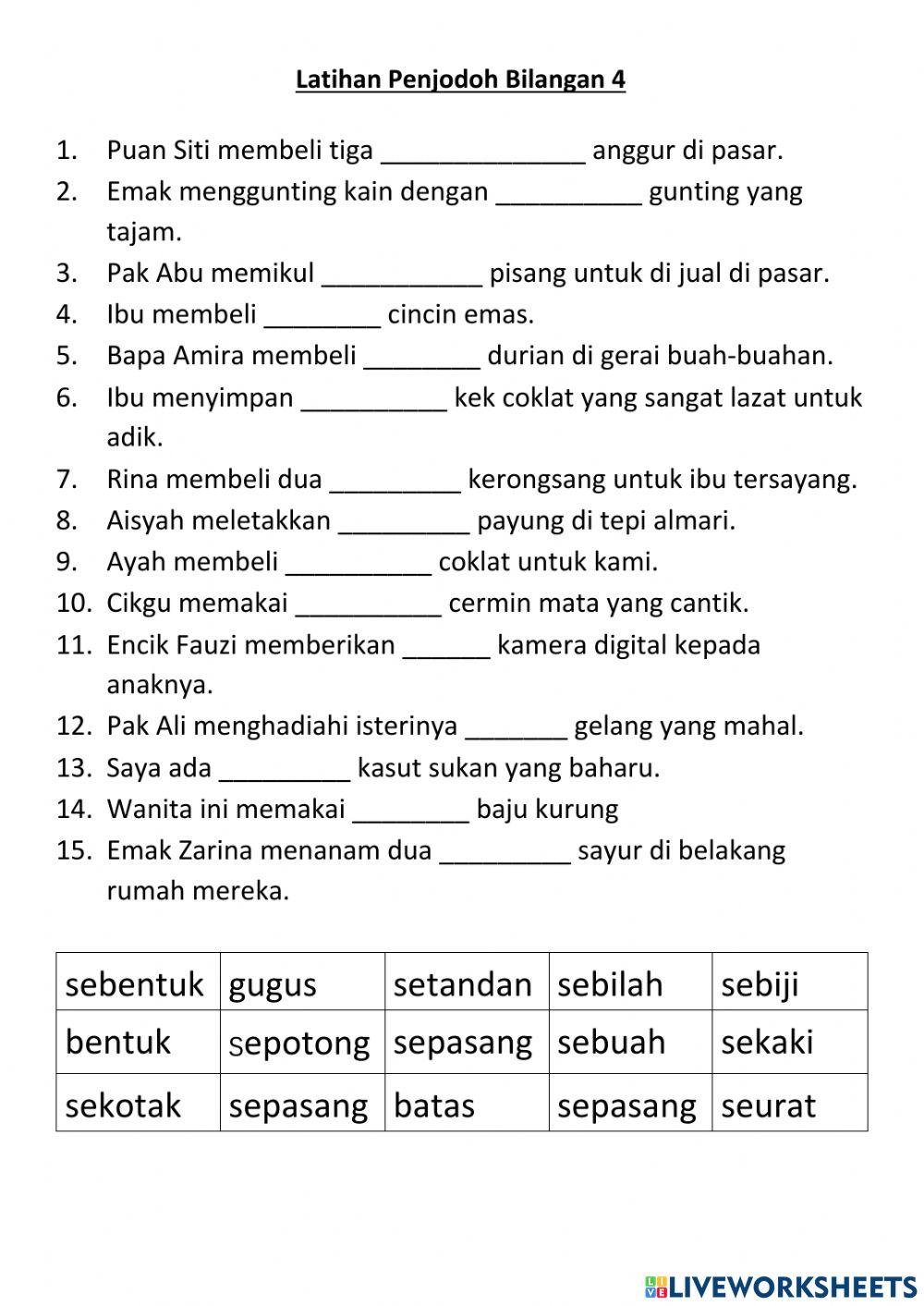 Latihan Penjodoh Bilangan 1A