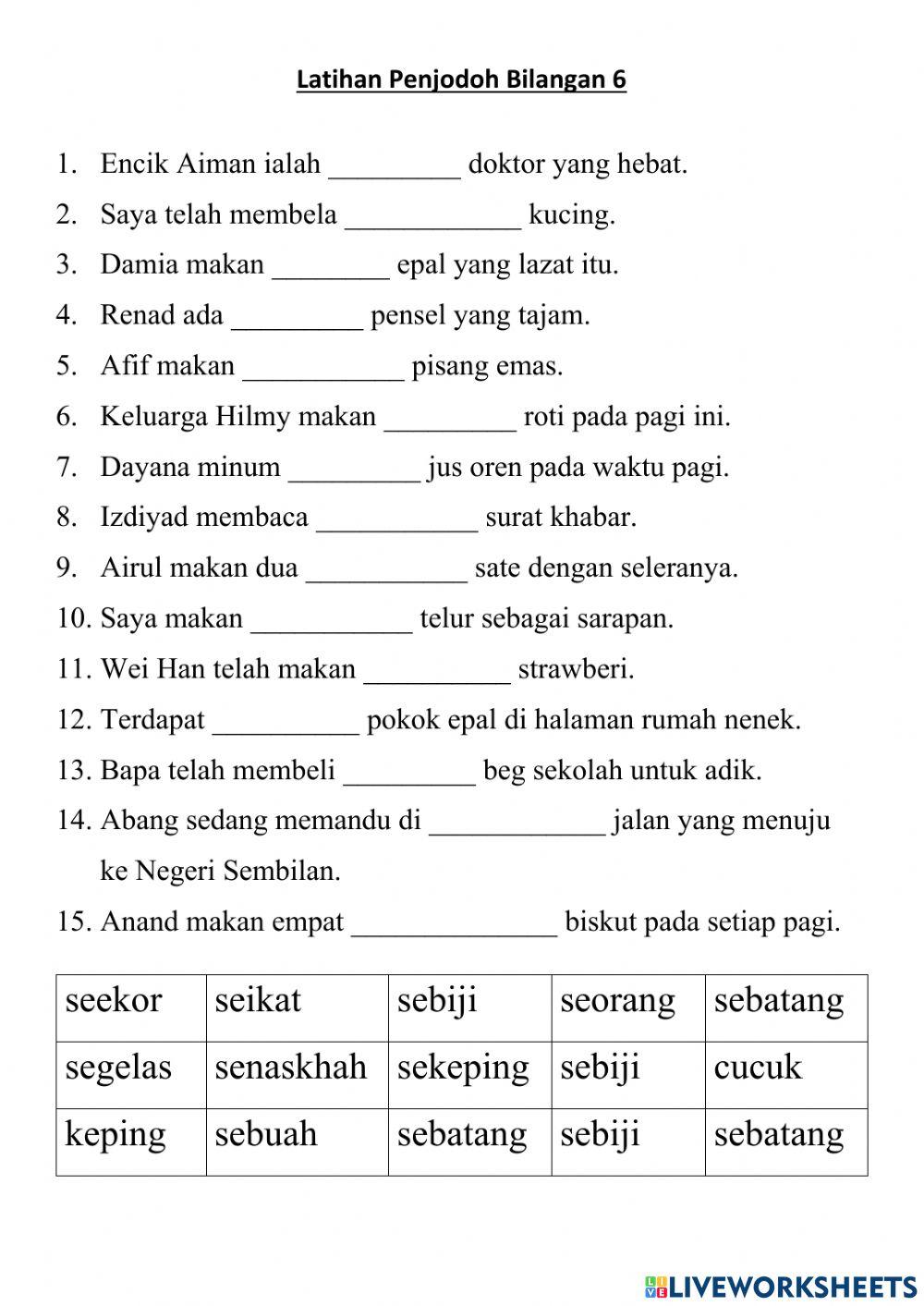 Latihan Penjodoh Bilangan 1A