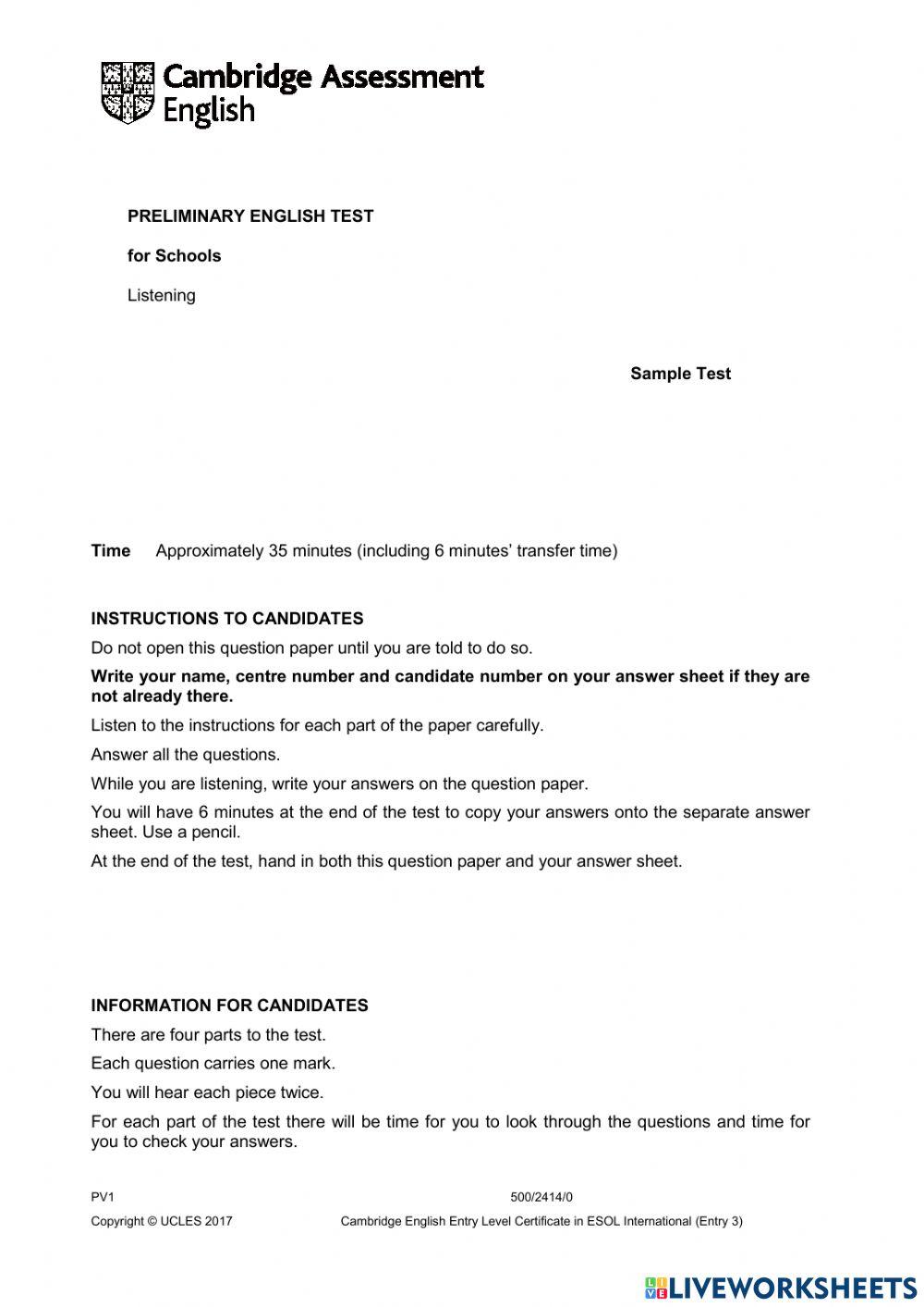 B1 Preliminary Schools 2020 sample tests Listening 