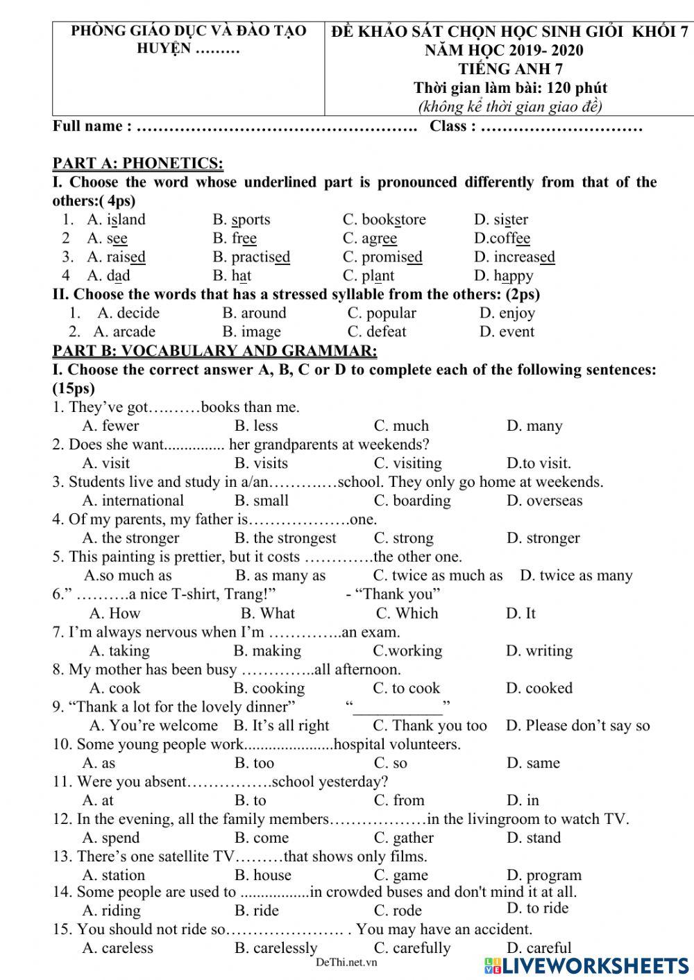ĐỀ HỌC SINH GIỎI TA 7  .Đề số 5