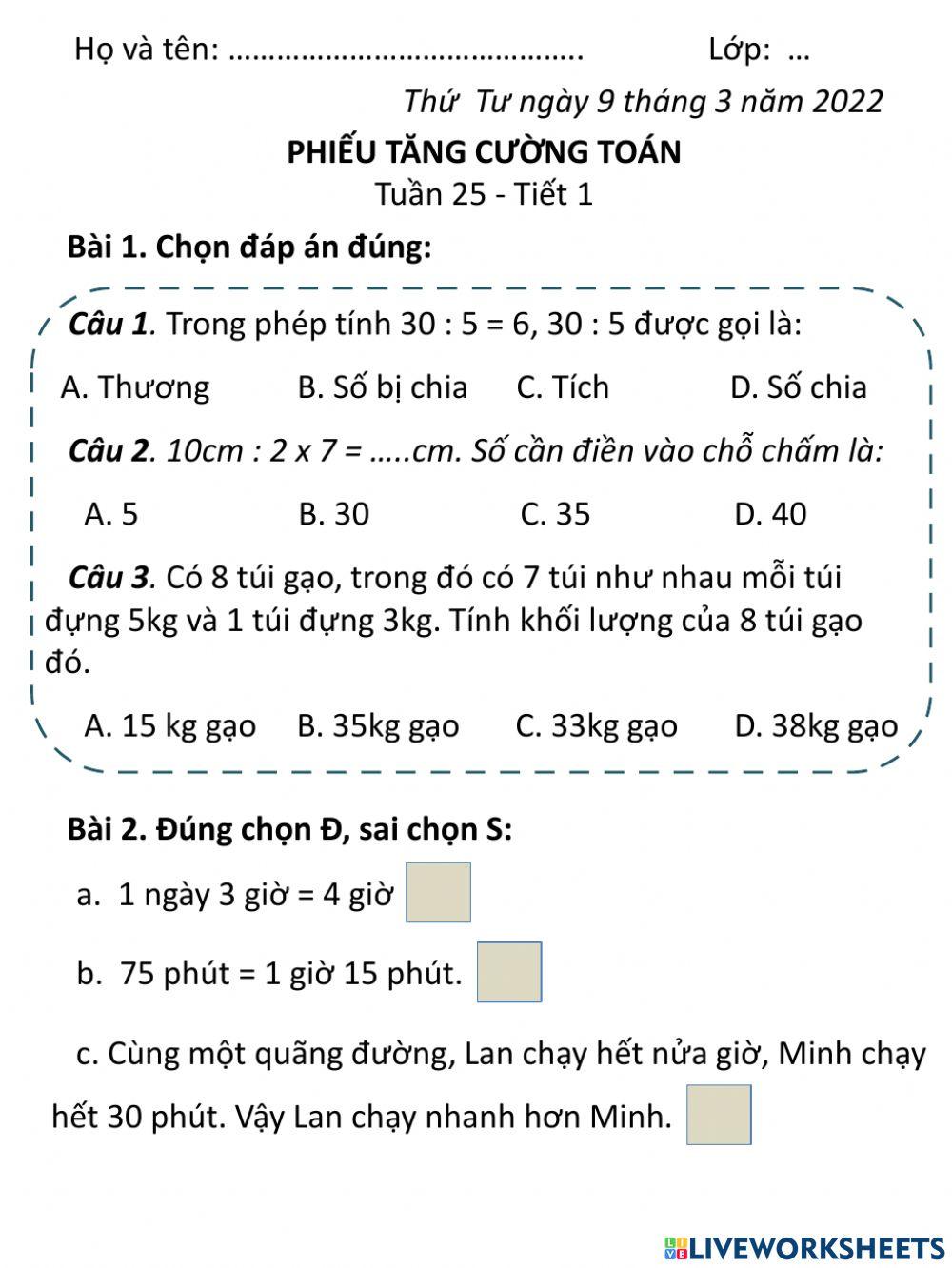 Phiếu toán tuần 25