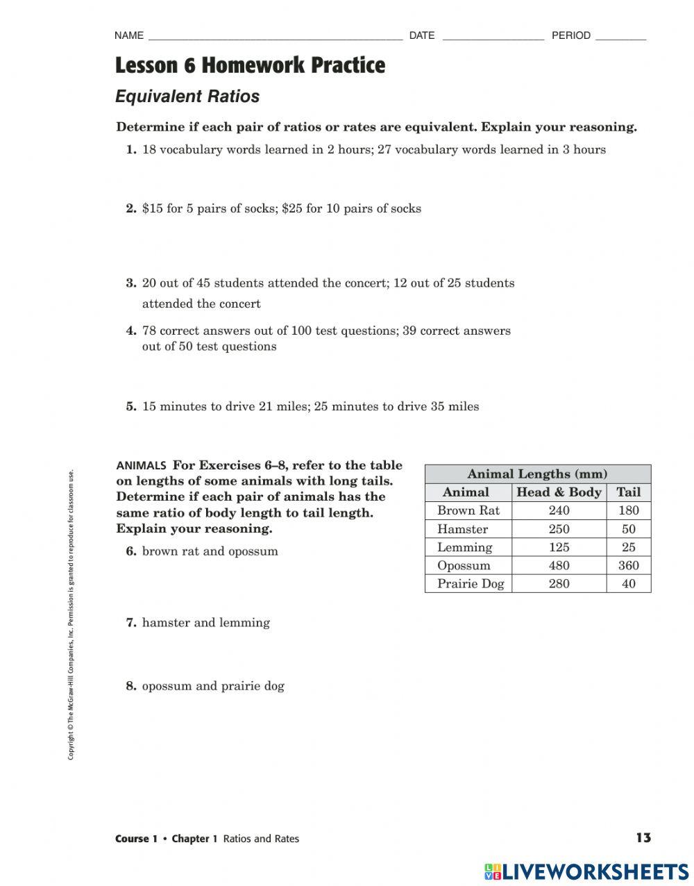 Chapter 1, Lesson 6 Homework Practice