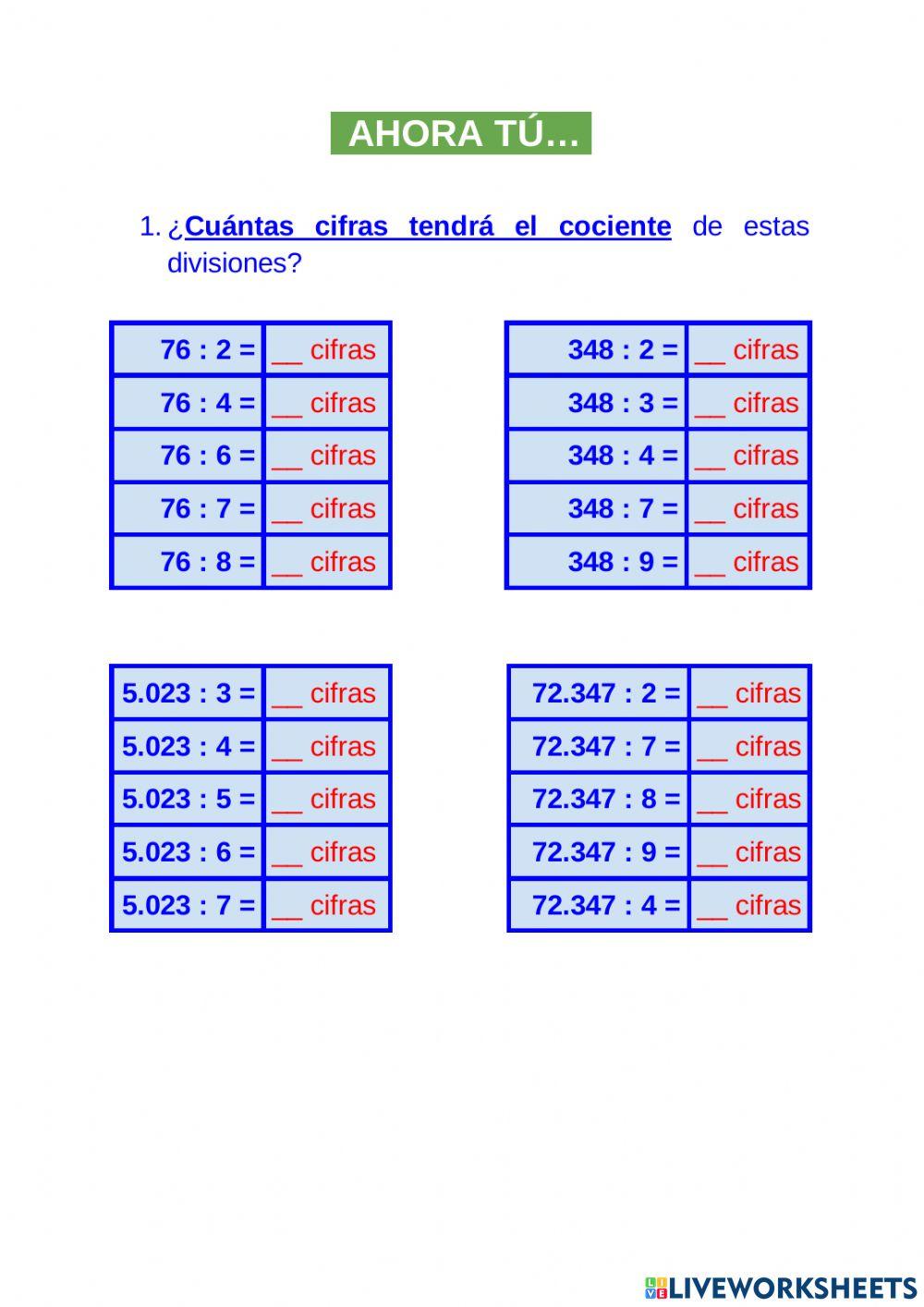 Cifras del cociente sin calcular