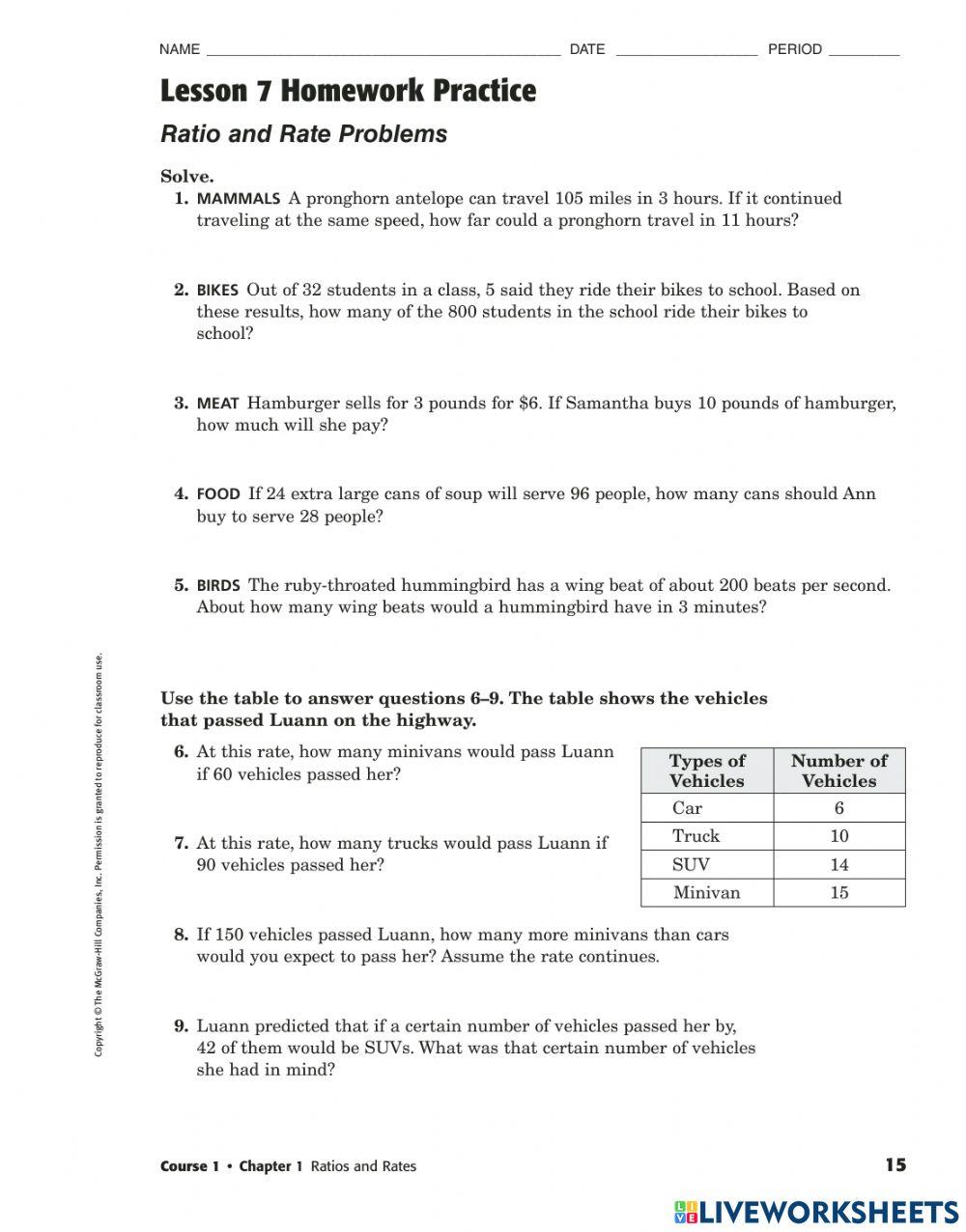 Chapter 1, Lesson 7 Homework Practice