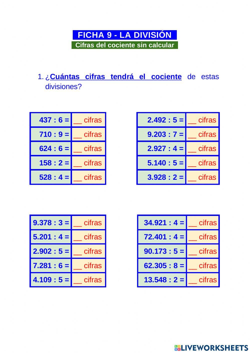 Cifras del cociente sin calcular