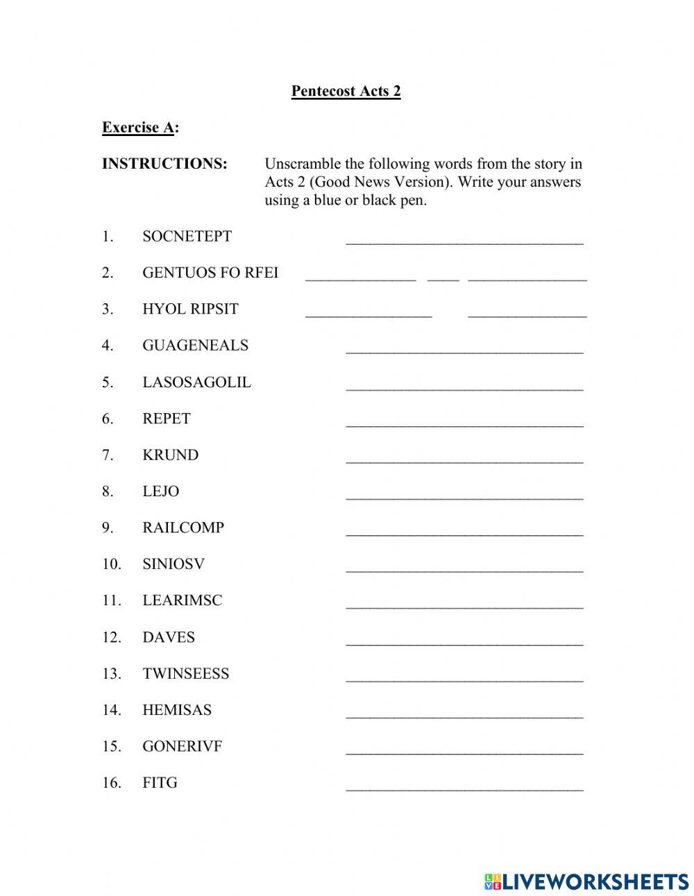 Pentecost Unscramble Exercise