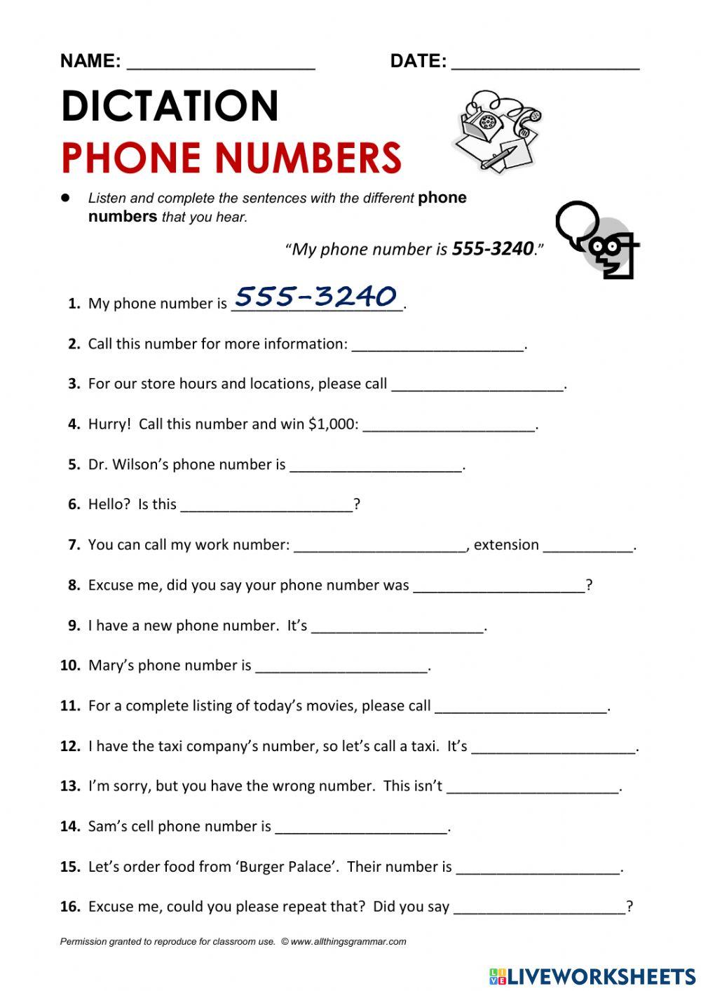 LISTENING:PHONE NUMBERS