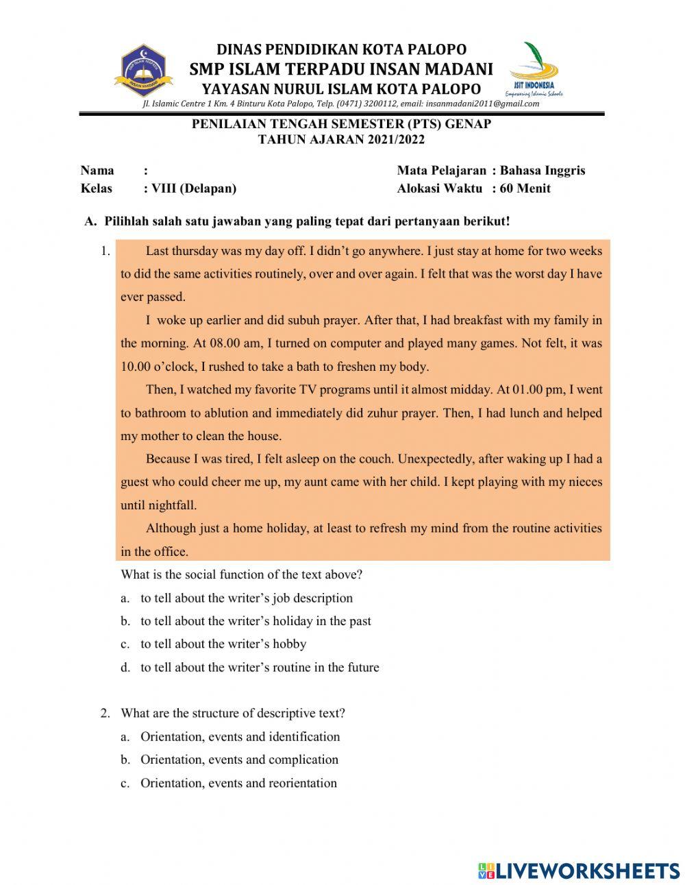 MID Genap Bahasa Inggris Kelas 8