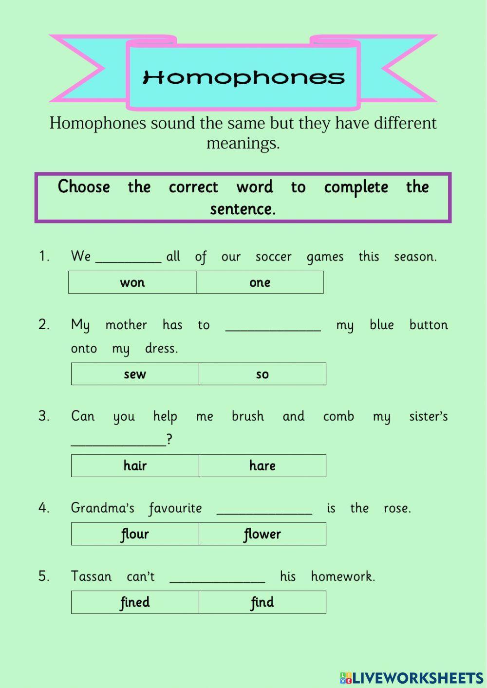 Homophone Works… | Free Interactive Worksheets | 1925763, image size:1000x1413