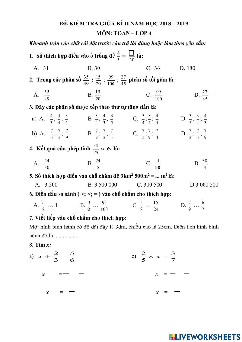 Luyện tập Toán giữa HKII