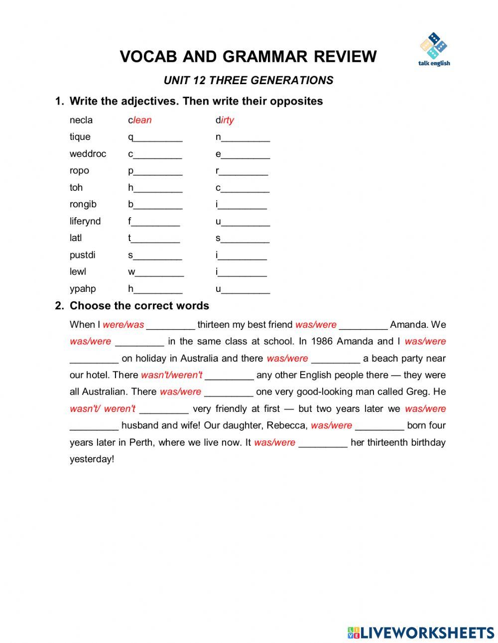VOCAB AND GRAMMAR REVIEW UNIT 12 Three generations