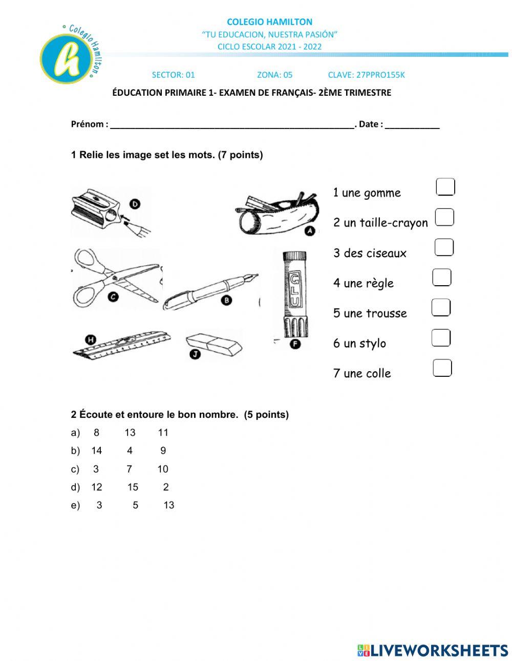 Examen de Francés 2do trimestre