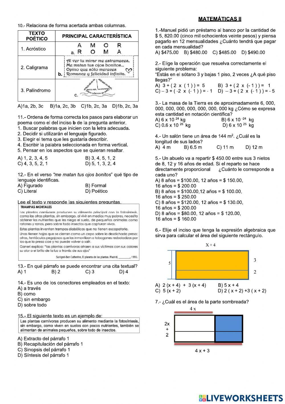 EXAMEN MATEMATICAS II PERIODO