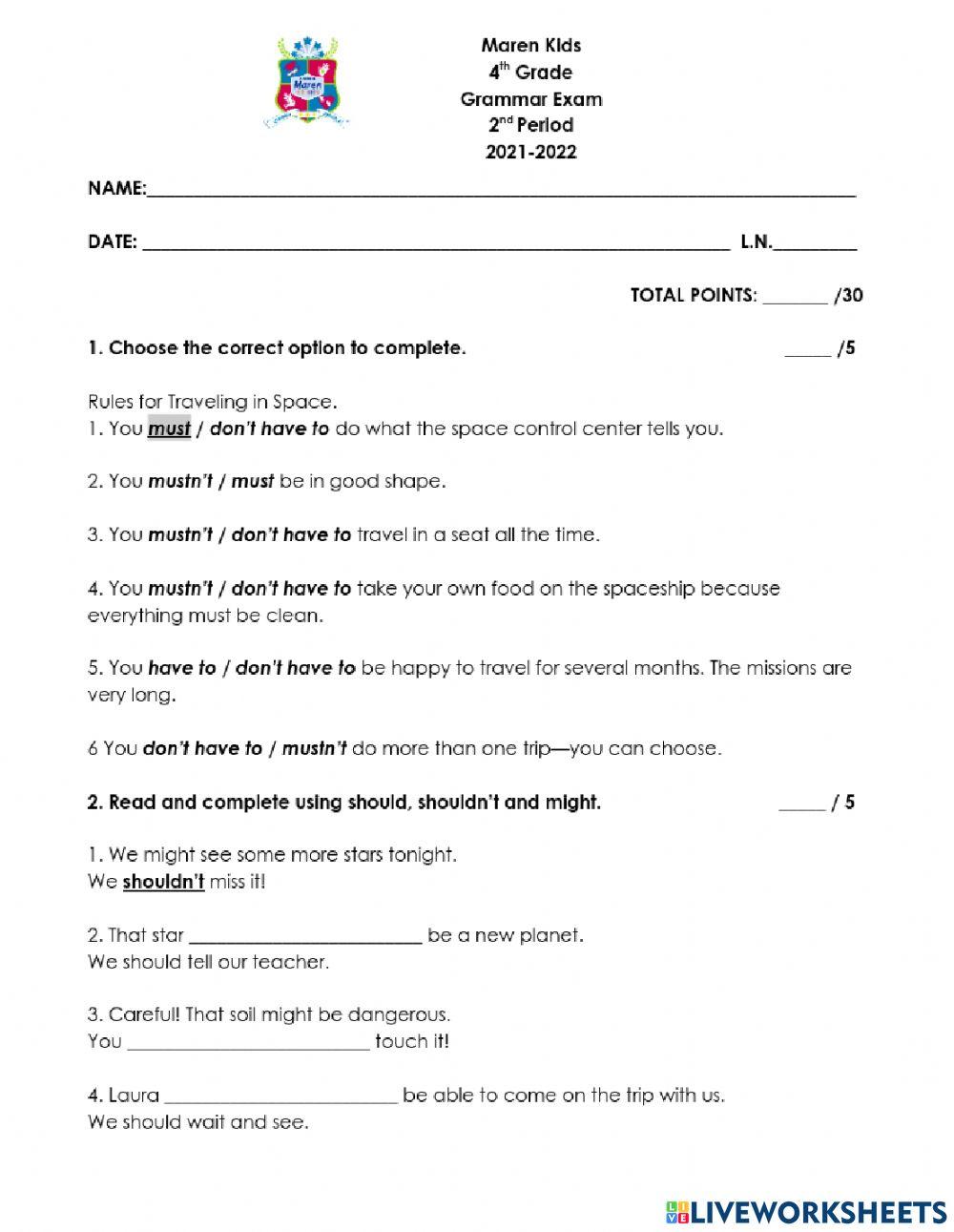 Grammar exam 4th grade