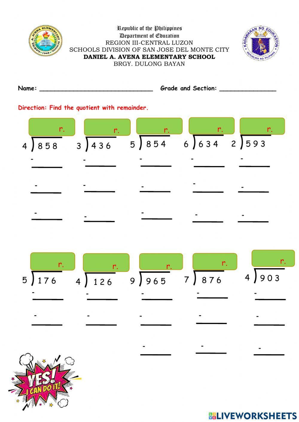 Dividing 3 digits by 1 digit with remainder