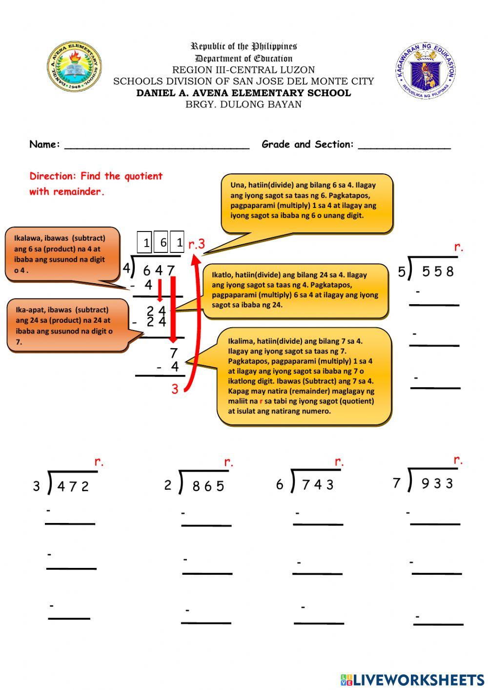 Dividing 3 digits by 1 digit with remainder worksheet 2