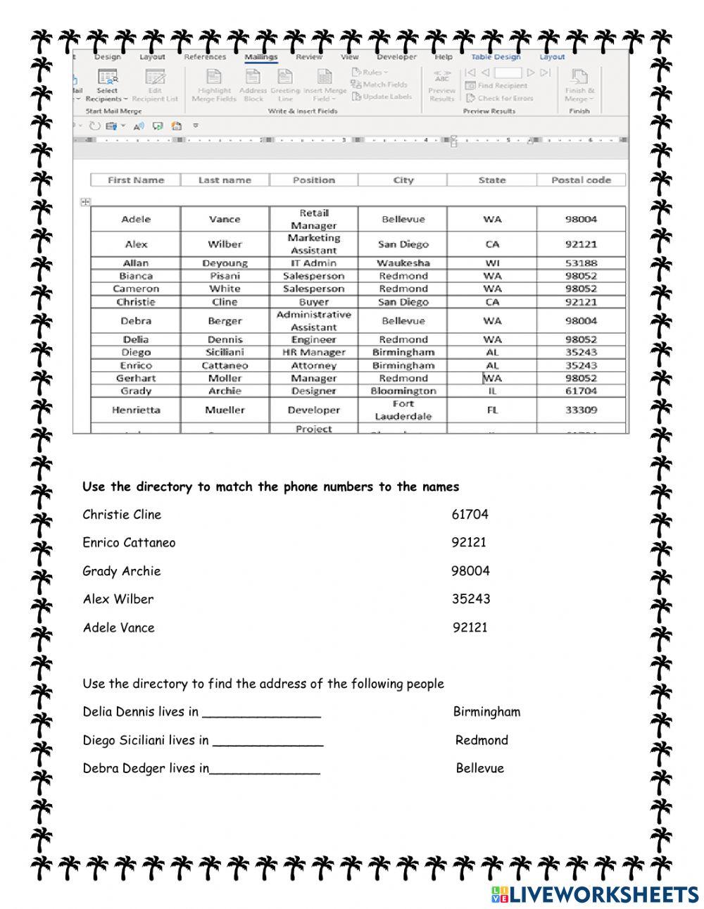 Directory Worksheet