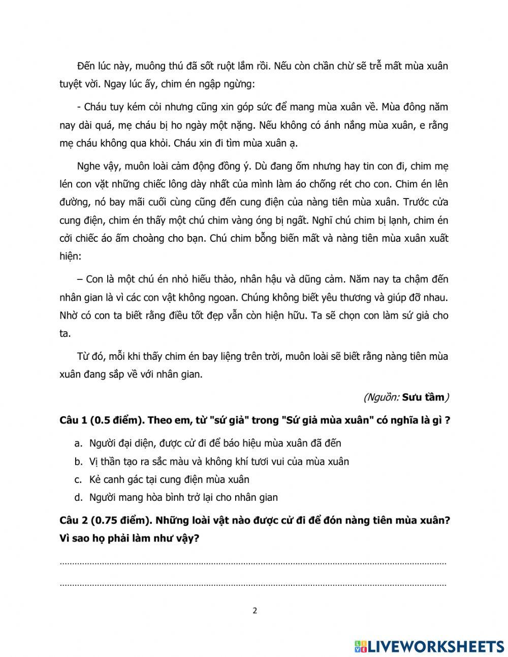 TV4 - Bài kiểm tra tháng 2 môn TV