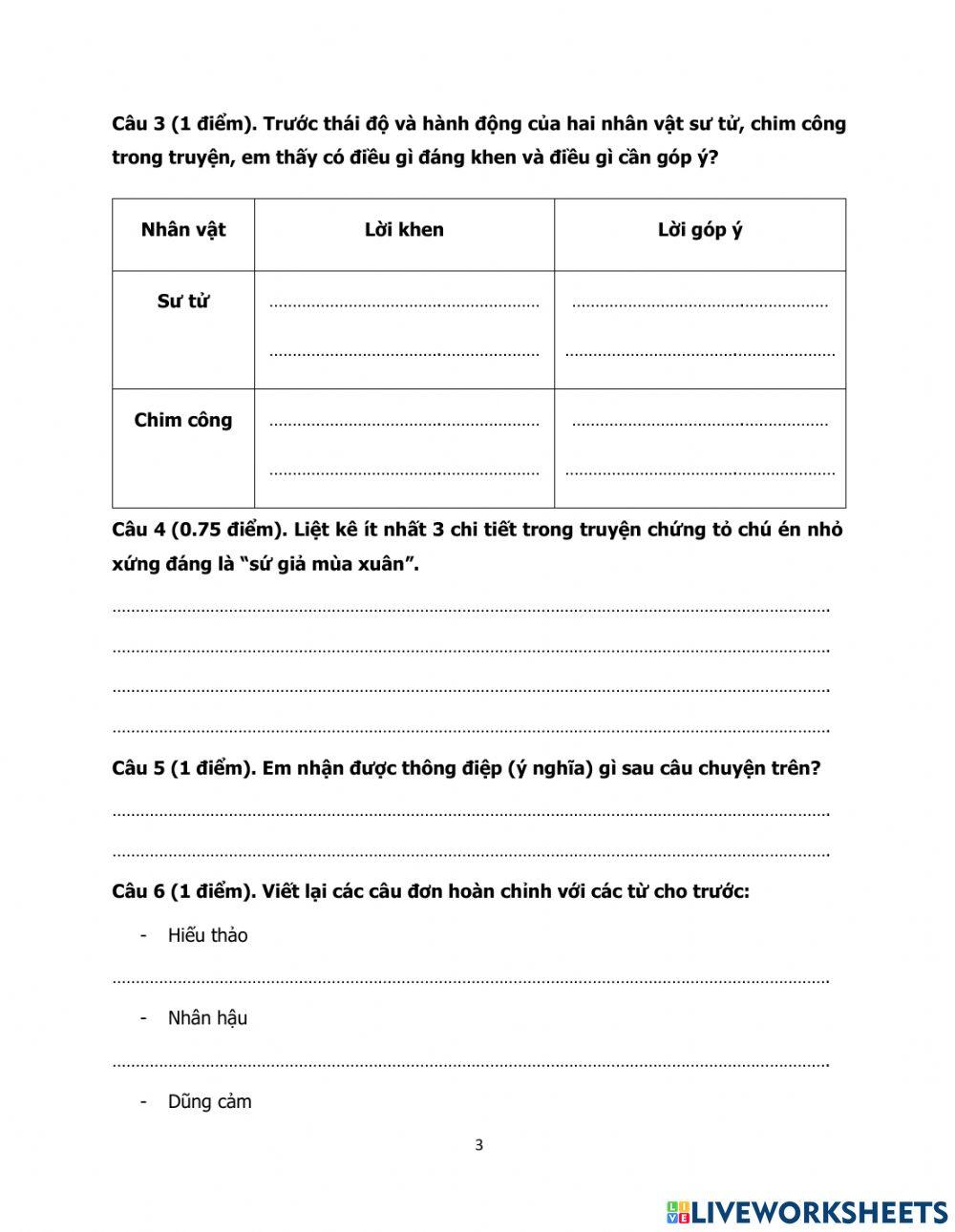 TV4 - Bài kiểm tra tháng 2 môn TV