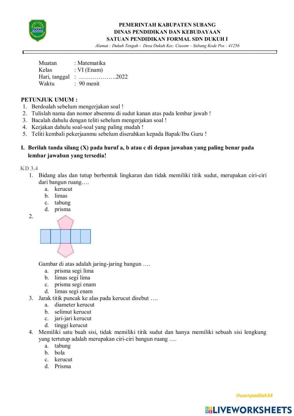 Soal PTS Matematika Kelas 6 Semester 2
