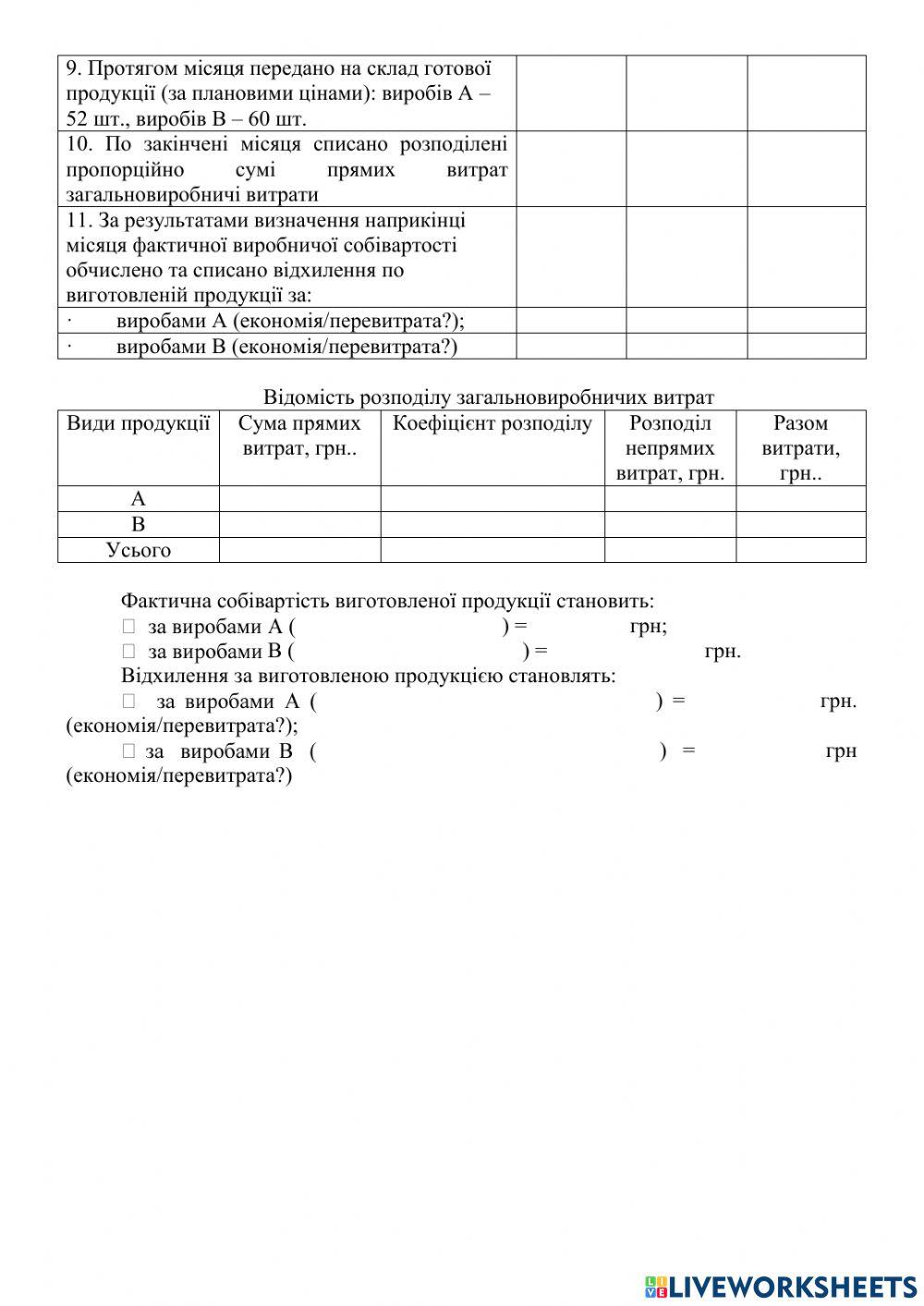 Облік процесу виробництва. Варіант 1