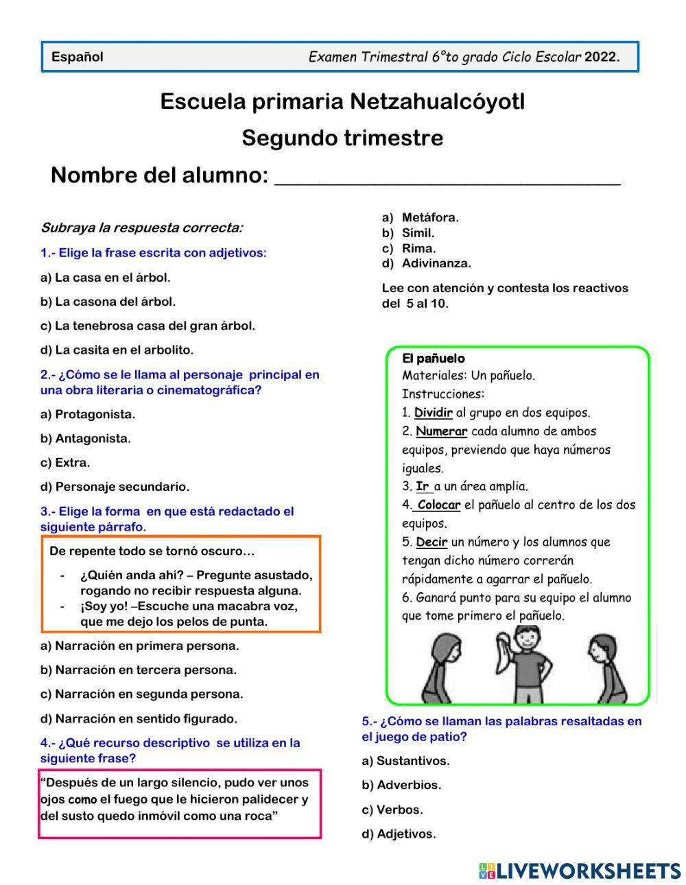 Examen trimestral de español