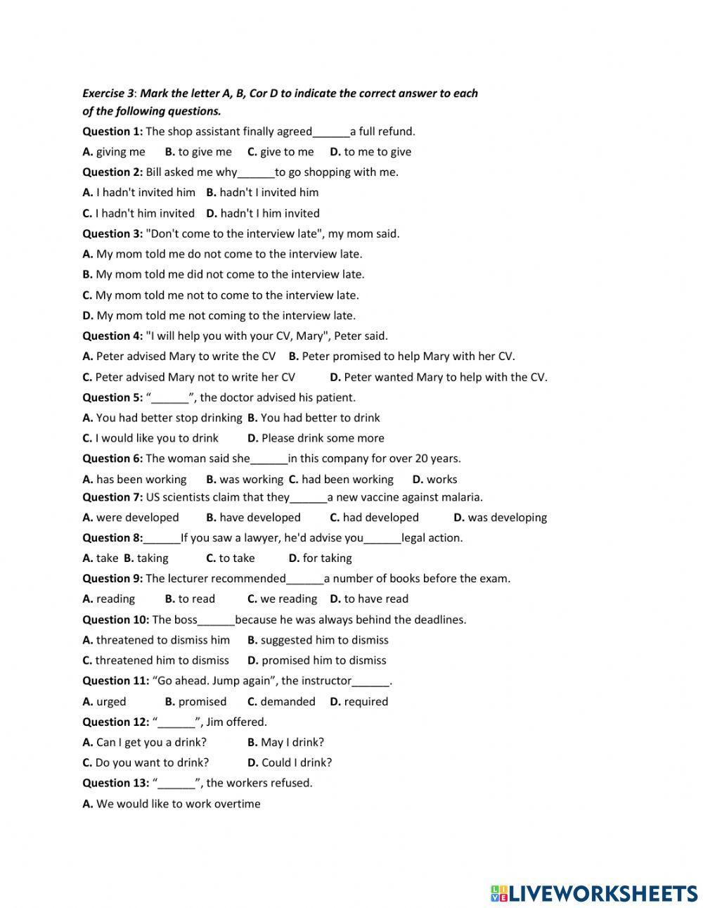 TỔNG ÔN NGỮ PHÁP TIẾNG ANH Chuyên đề 10 – Câu tường thuật